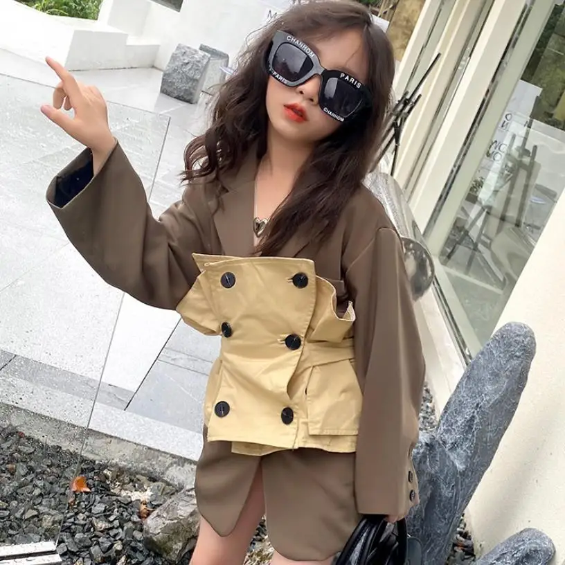 

Girls Jacket For Autumn 2021 New French Long Suits With Girdle Two-Pieces Jacket