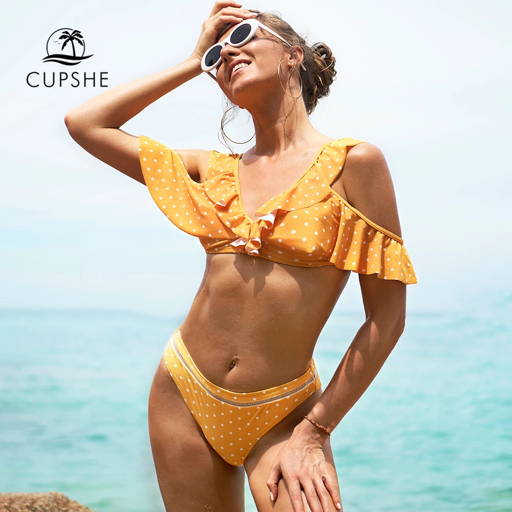 CUPSHE желтый горошек гофрированный пикантный комплект бикини купальный костюм с