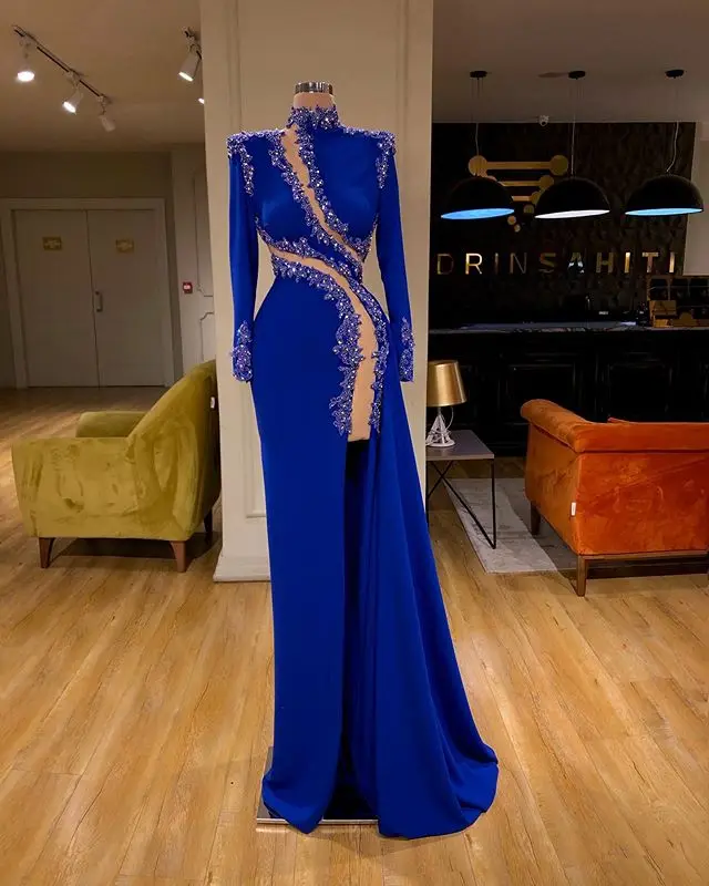 

Royal Blue 2020 A Line Evening Dresses Long Sleeve Beaded Applique High Neck Side Split Celebrity Prom Dress