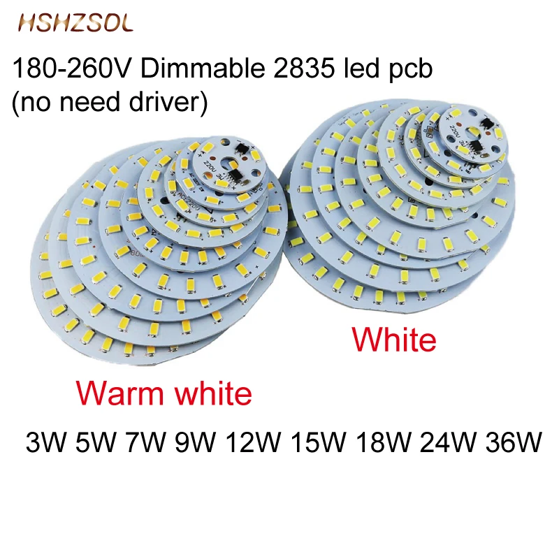 Диммируемая светодиодная плата 220 в источник 3 вт 5 вт 7 вт 9 вт 12 вт 15 вт 18 вт 24 вт 36 вт встроенный IC-драйвер 2835 SMD холодный белый/теплый белый алюминий pcb