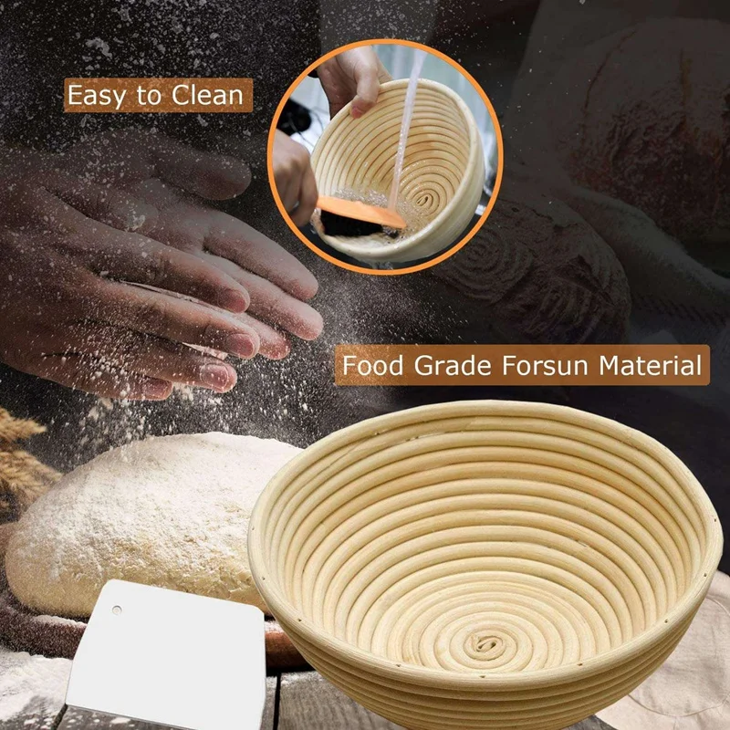 

2 Set 10 Inch Bread Proofing Basket with Cloth Liner, Scraper, Bread Cutter for Professional and Home Baker Bread Making