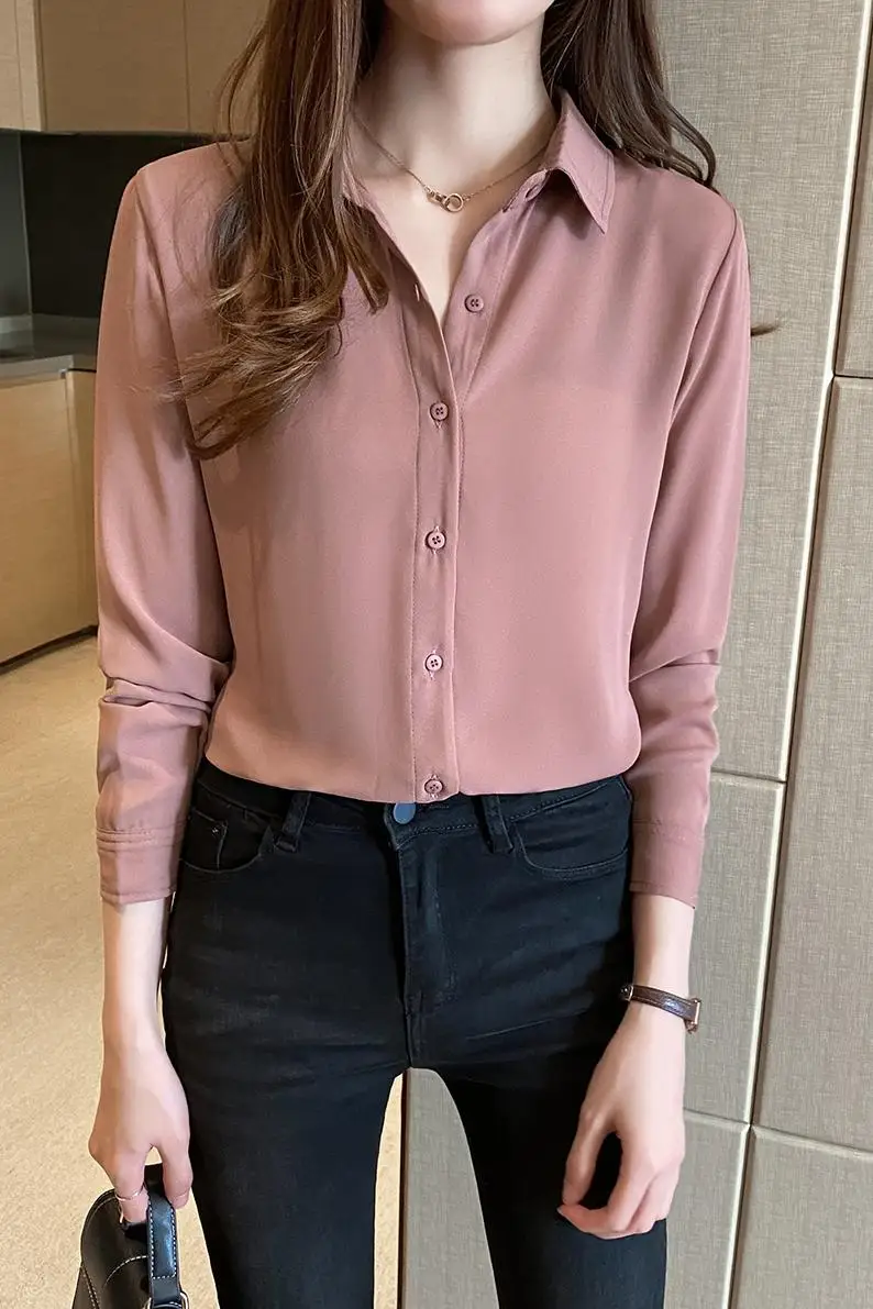 

COIGARSAM Brief Full Sleeve Shirt Womens tops New Spring Chiffon Thin Women shirts Apricot Light Blue White Pink Green 5830