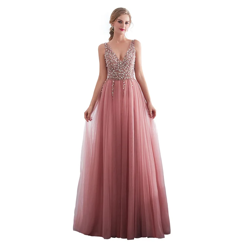 

Custom Made V-Neck Sleeveless Evening Dresses Heavy Beaded Pink Evening Gowns