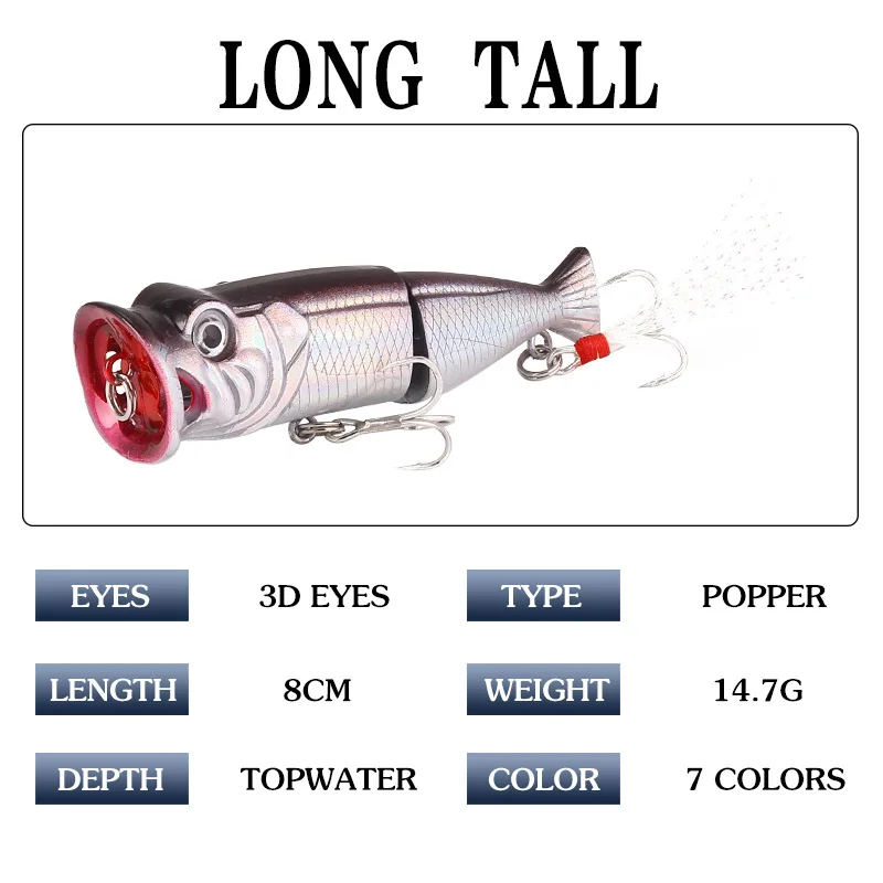 

80mm 14.7G topwater river fishing popper Wobblers Artificial Surface Hard Bait suspending Bass Artificial Articulos Carp bait