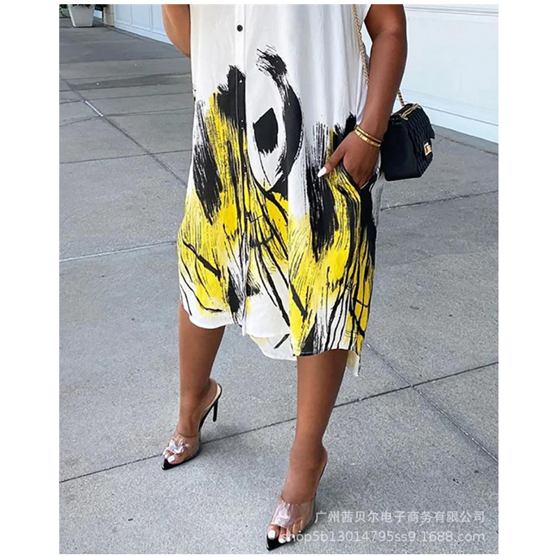 

WEPBEL Women's Print Shirt Dress Ladies Elegant Short Sleeve Turn Down Collar Single Breasted Loose Shirt