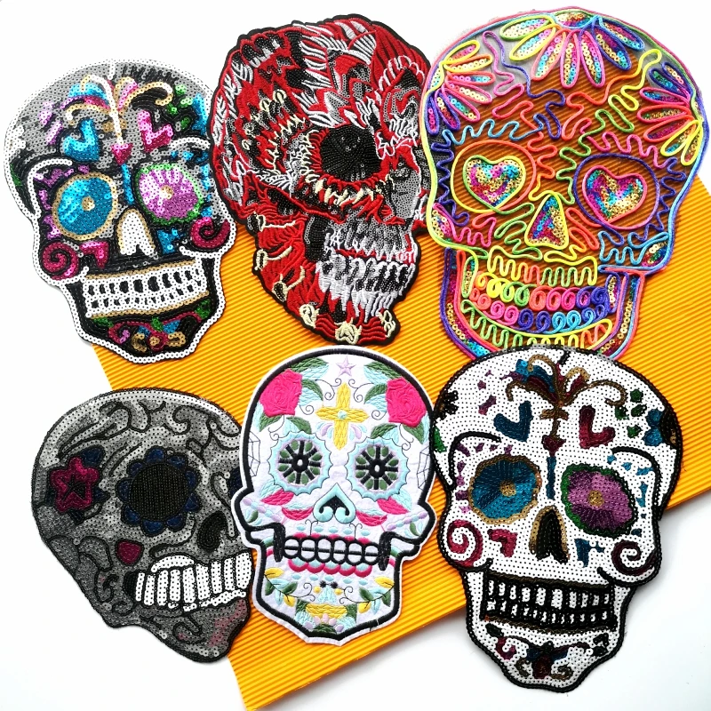 Большие значки с вышивкой и блестками в виде черепа аппликации со скелетом