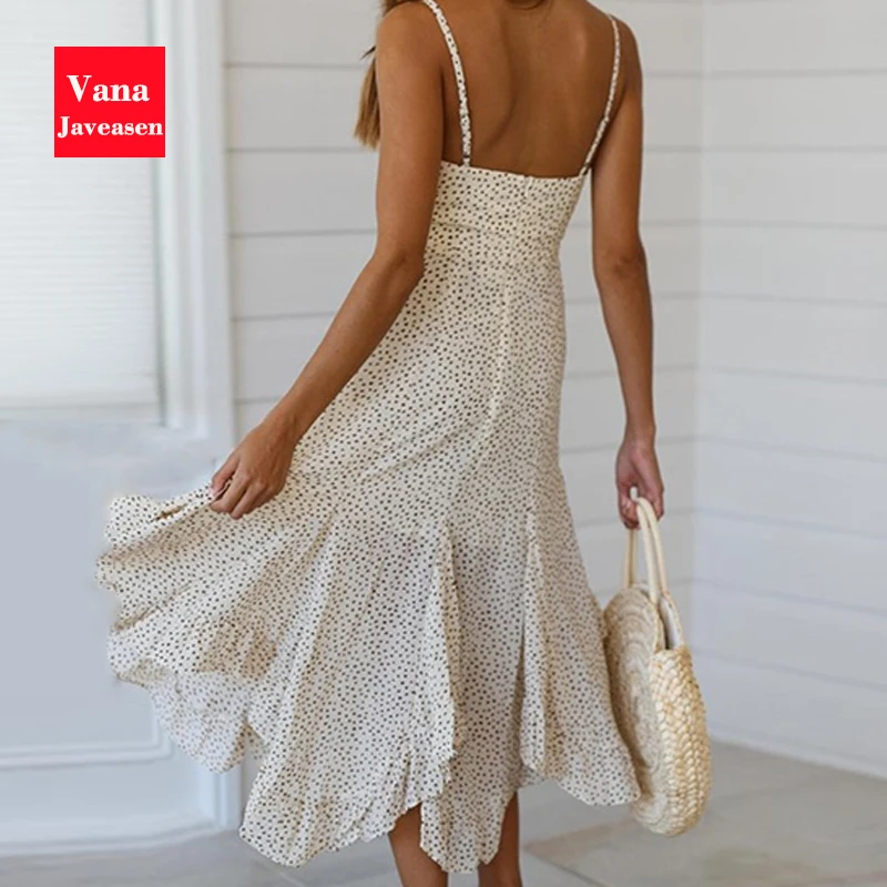 

Women Vestidos Summer Beach Dress Casual Sexy Backless Boho Dresses Polka Dots Sleeveless Hollow Out Ruffles Dress Robe Femme