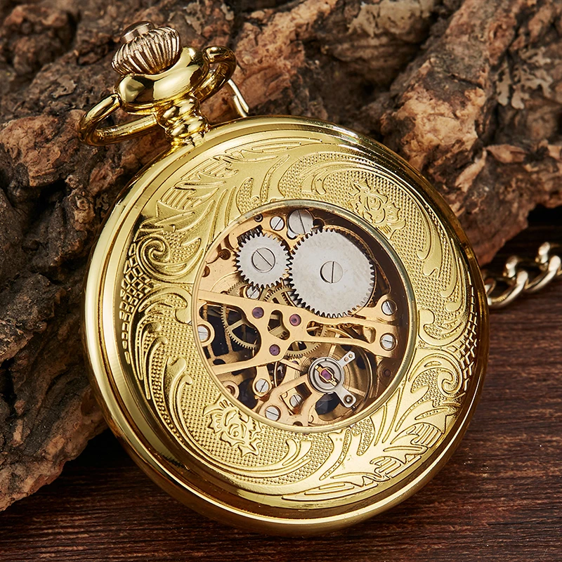 Golden Gold Mechanical Hand Wind Pocket Watches Blue Roman Numeral Dial Mechanical Flip Watch Men Clock With Fob Chain Gift Box