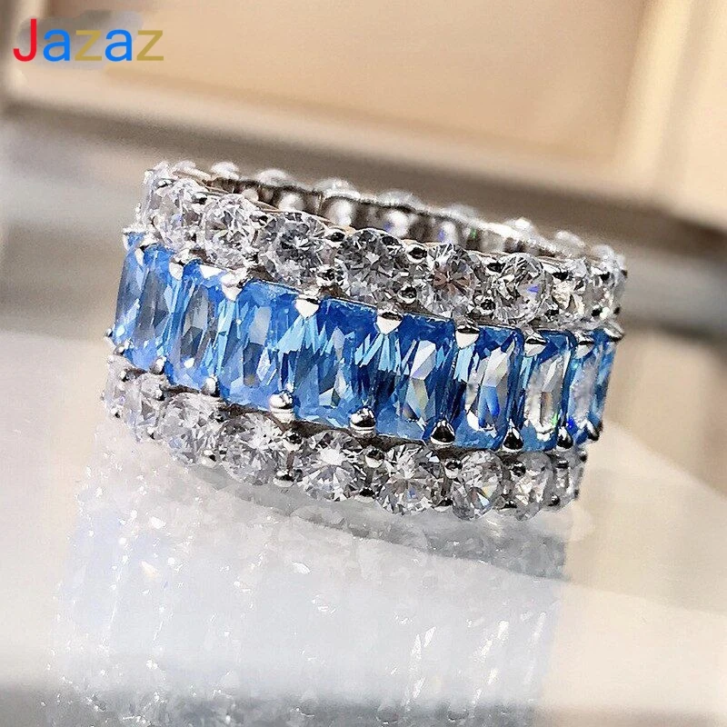 

Jazaz Fine 100% 925 Sterling Silver Sparkling Aqul Blue Row diamond Ring Diamond Wedding Anniversary Rings For Women Gifts B0898