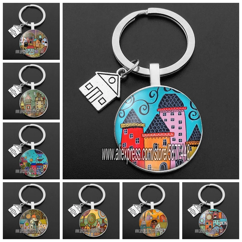 colorful painting town city building keychain beautiful house under the starry sky key ring for new home purse keyring for women free global shipping