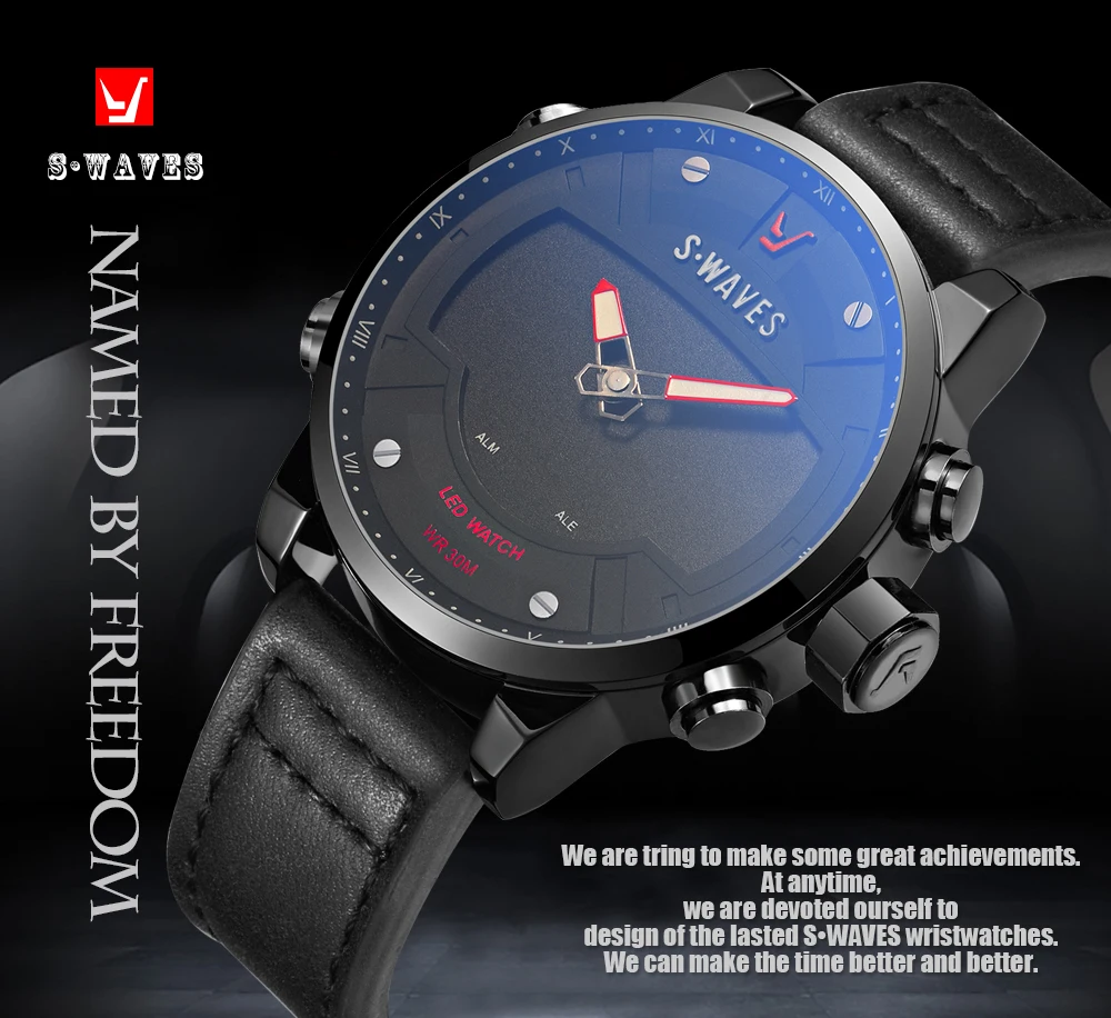 SWAVES светодиодный кварцевые часы мужские водонепроницаемые с кожаным ремешком s