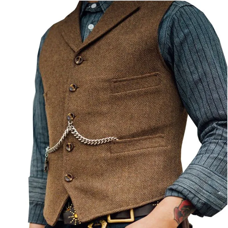 Мужской шерстяной твидовый жилет приталенный хлопковый для отдыха делового
