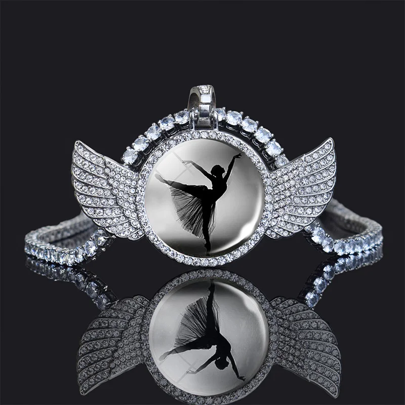 

Elegant Dancing Photo Necklace for Women Clear Glass Cabochon Charm Crystal Unique Design Solid Wings Cubic Zircon Jewelry Gift