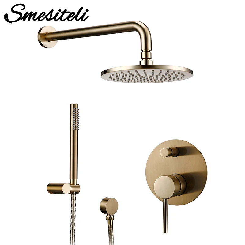 

Bathroom Bath Faucet Brass Diverter Mixer Tap Set Brushed Gold Rain Fall Valve System Kit Hand held 8-12"Shower Head Wall Arm