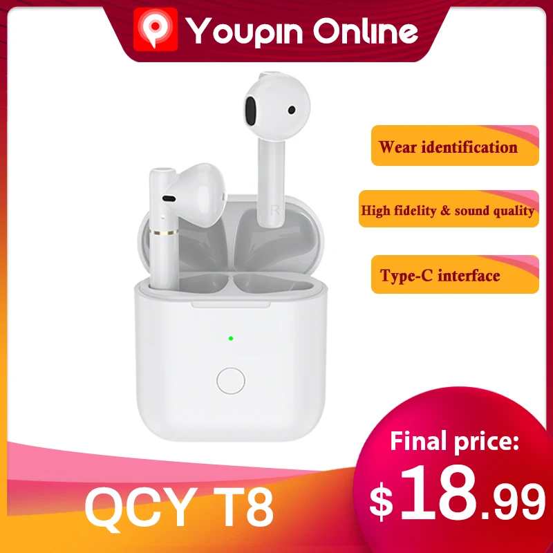 

YouPin QCY T8 Wireless Bluetooth Headset Binaural Semi-In-Ear Sports Running Car Call With Long Battery Life Microphone Headset