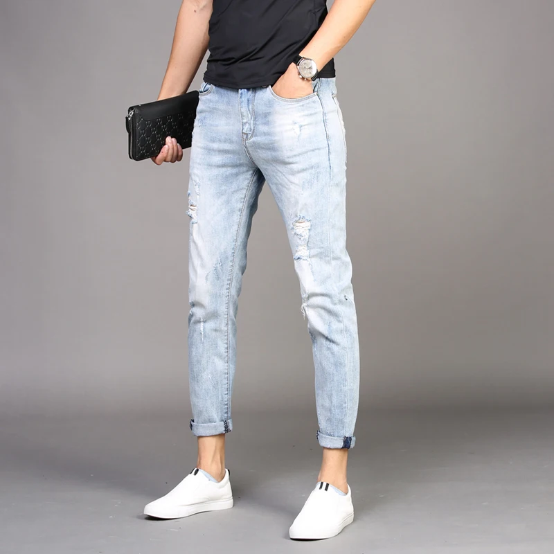 Summer Stretch Ripped Jeans Men Light Blue Slim Fit Ankle-Length Pants Fashion Streetwear Thin Denim Trousers