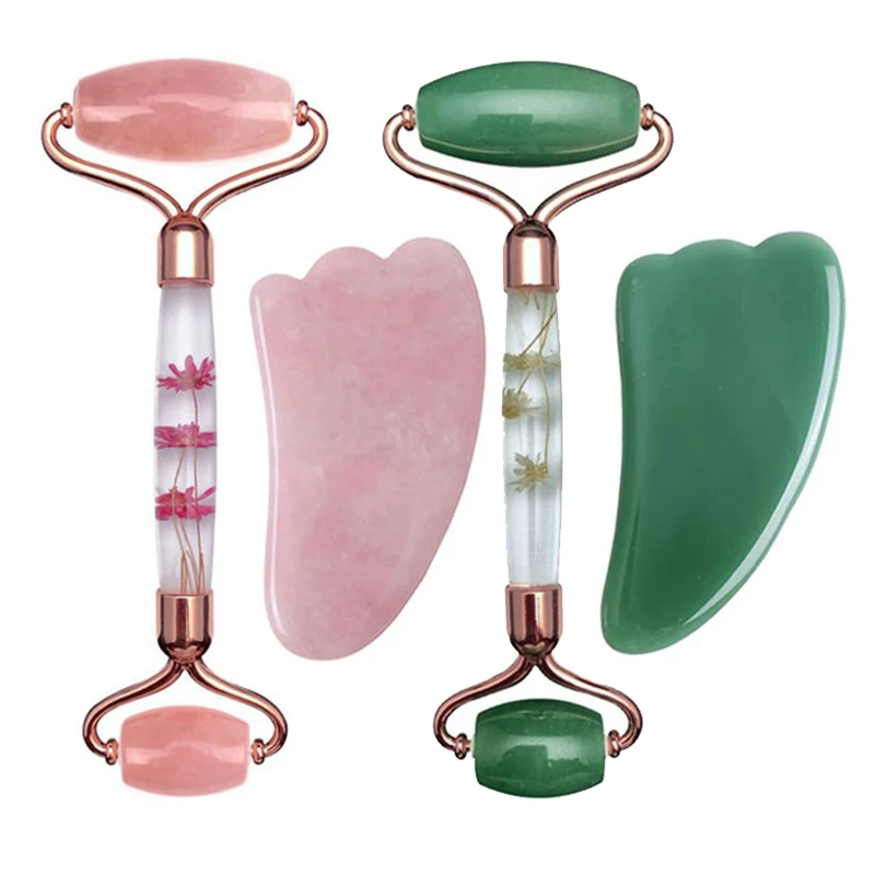 Набор для массажа лица гуашь розовый КВАРЦЕВЫЙ нефритовый ролик и массажер гуаши