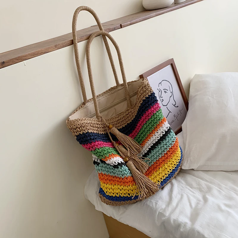 Женская Соломенная Сумка тоут в богемном стиле летняя разноцветная пляжная