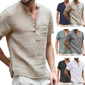 New Fashion Cotton Linen Casual Shirts Mens Basic Classic Shirt   Male Short Sleeve V-Collar Breatha