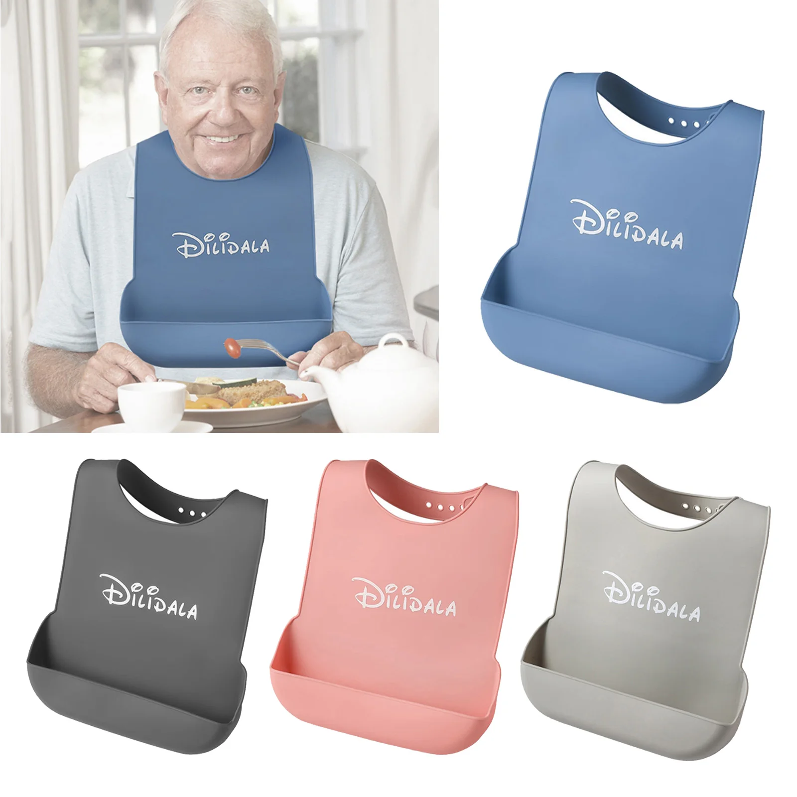 

Adult Silicone Bib with Waterproof Meal Pouch Protective Easy to Clean
