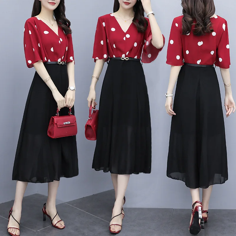 

Chiffon dress women's summer,spring and autumn new temperament fashion women's wear waist thin medium and long wave point dress