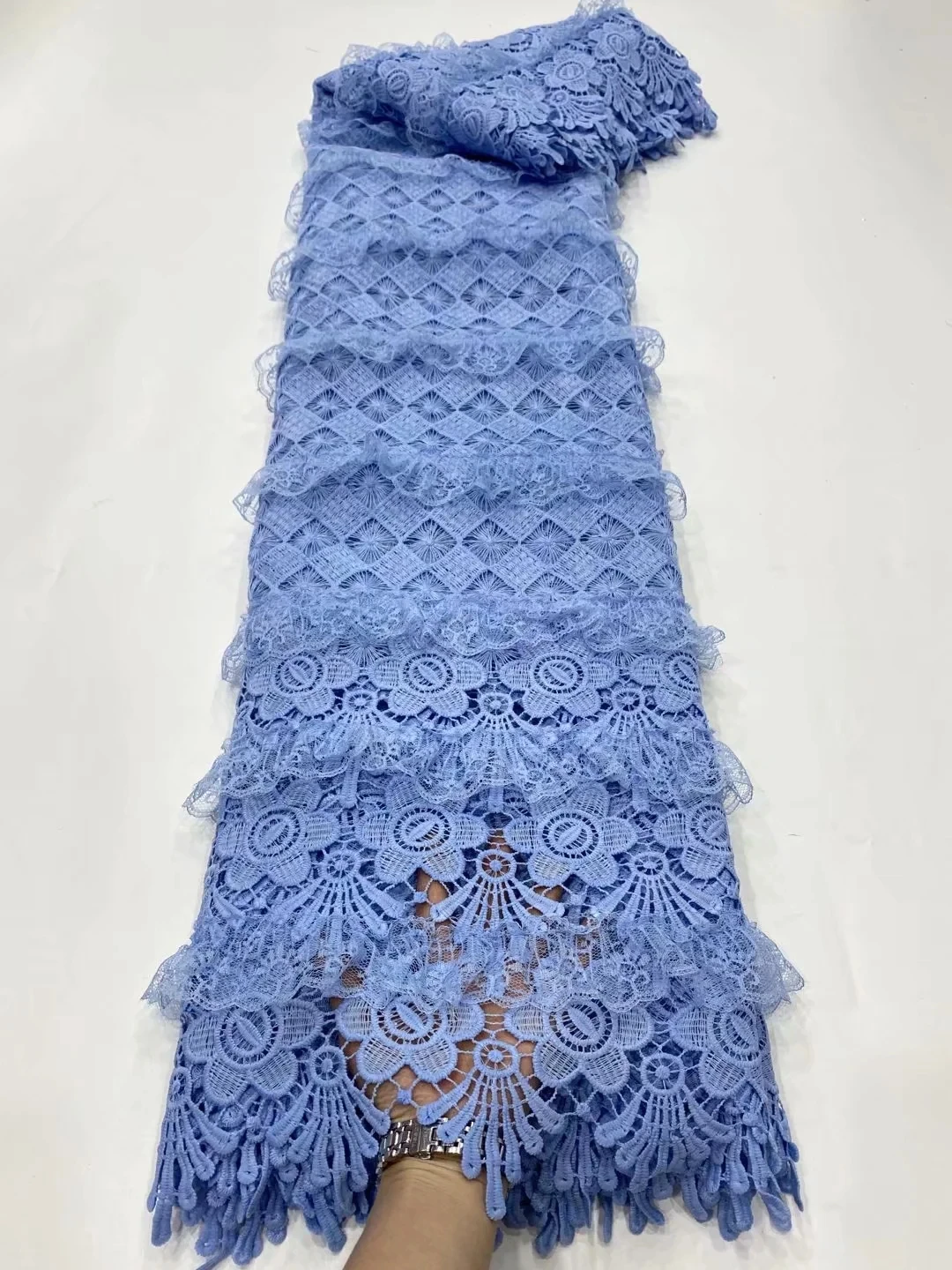 

Sky blue african cord lace water soluble fabric high quality embroidery nigerian guipure laces fabrics 5 yards/pcs for sewing
