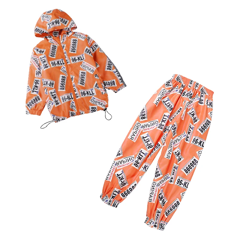 

Hip Hop Dance Costumes Fashion Print Orange Suit Boys Girls Street Dancing Outfit Modern Stage Performance Clothing 120-160CM