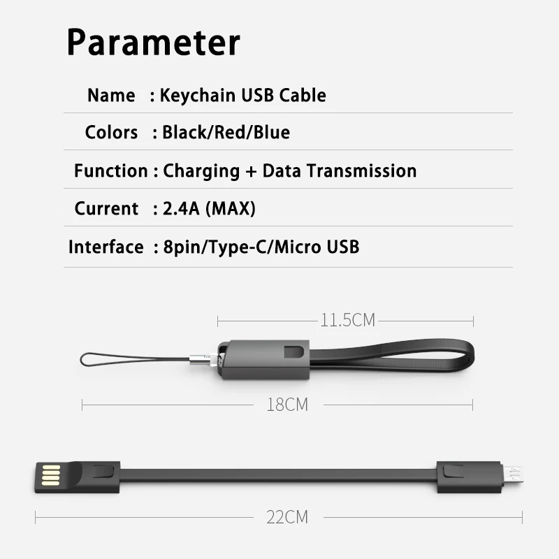 2.4A портативный брелок USB кабель для быстрой зарядки для iPhone XS MAX XR Micro usb type C шнур для зарядки данных для SAMSUNG S10+ Xiaomi