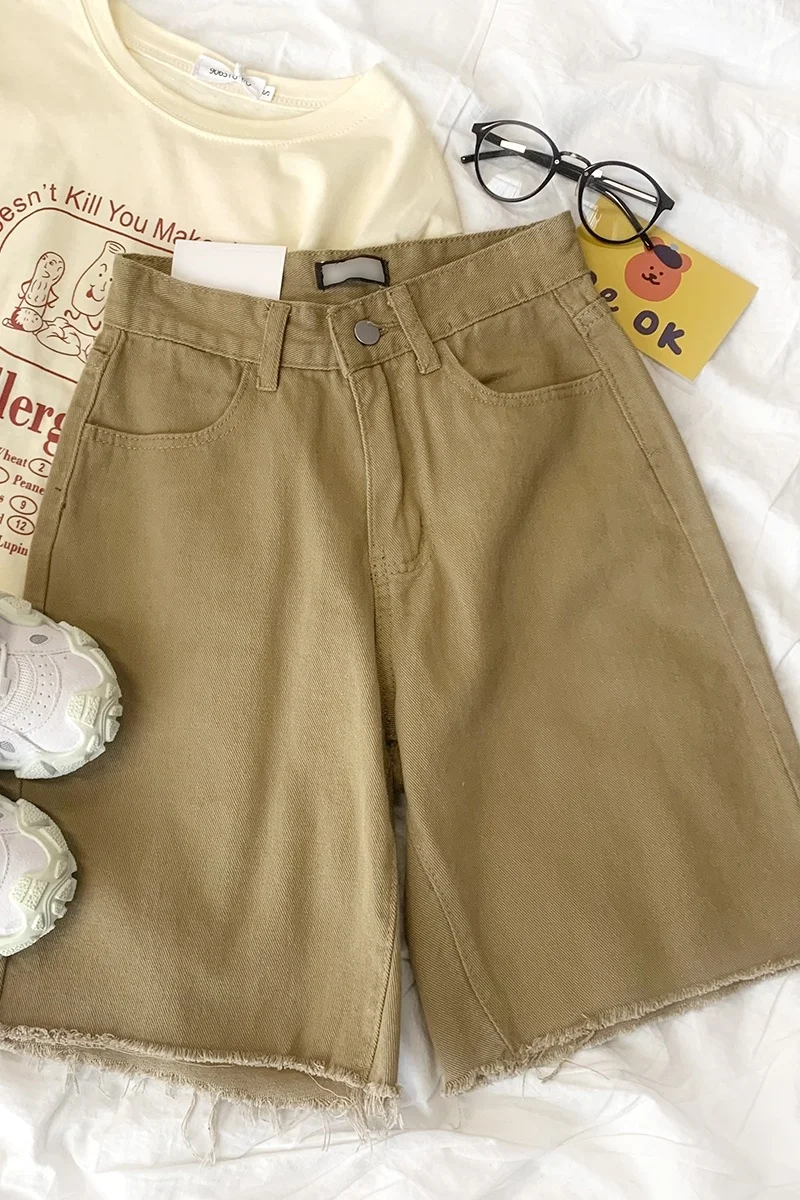 

Khaki Cargo Half Length Denim Shorts Women Wide Leg Casual Loose Hotpants