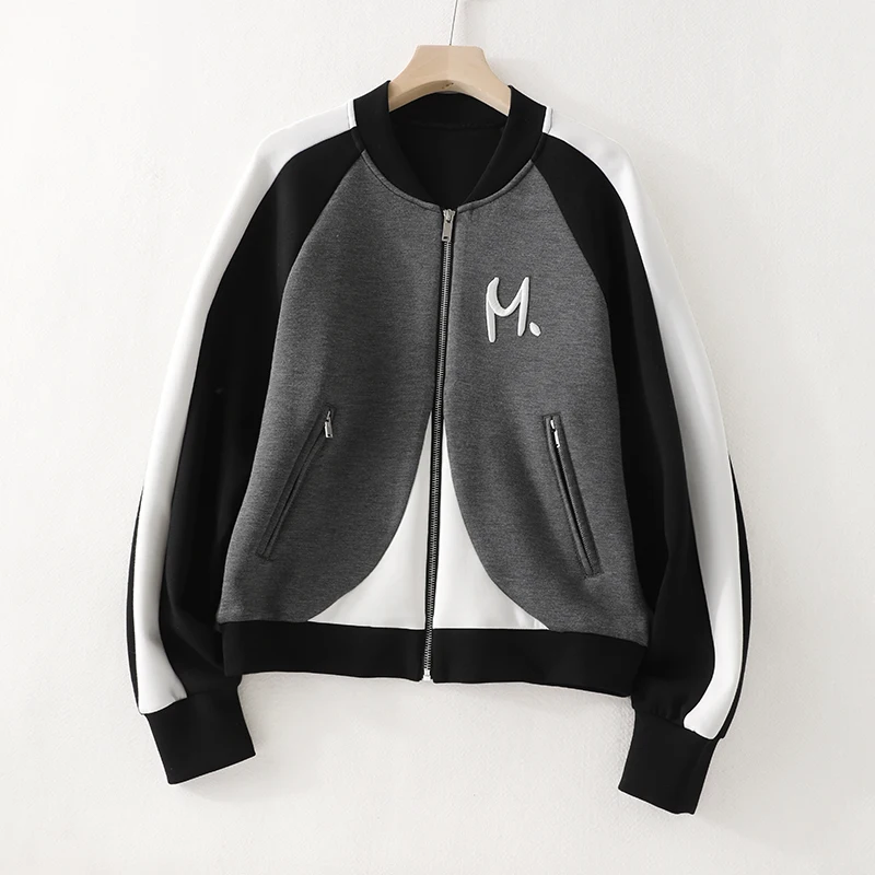 

Autumn Jackets For Women Cotton Casual Contrast Coat Stand Collar Long Sleeve Zip Placket Threaded Cuff Collar Letter Pattern