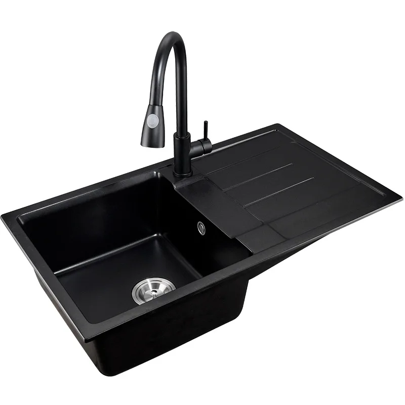 

Quartz stone black vegetable sink set large single-slot thickened sink above counter basin single basin sink