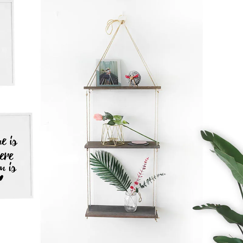 

1 2 3 Tier Rustic Wooden Hanging Rope Shelf Handmade Solid Wood Floating Shelves Home Decorative Wall Mounted Rack Wall Tray