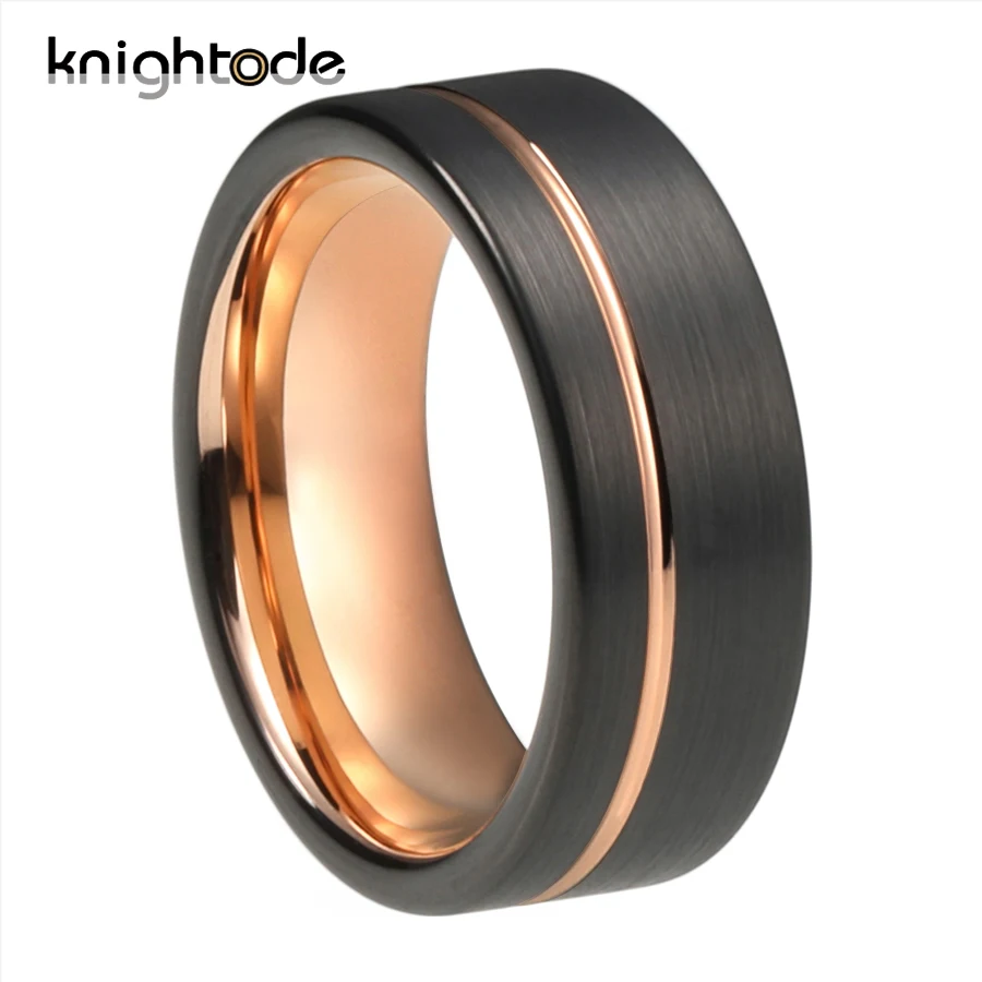 Двухцветное 8 мм черное кольцо из карбида вольфрама розовое золото офсетная