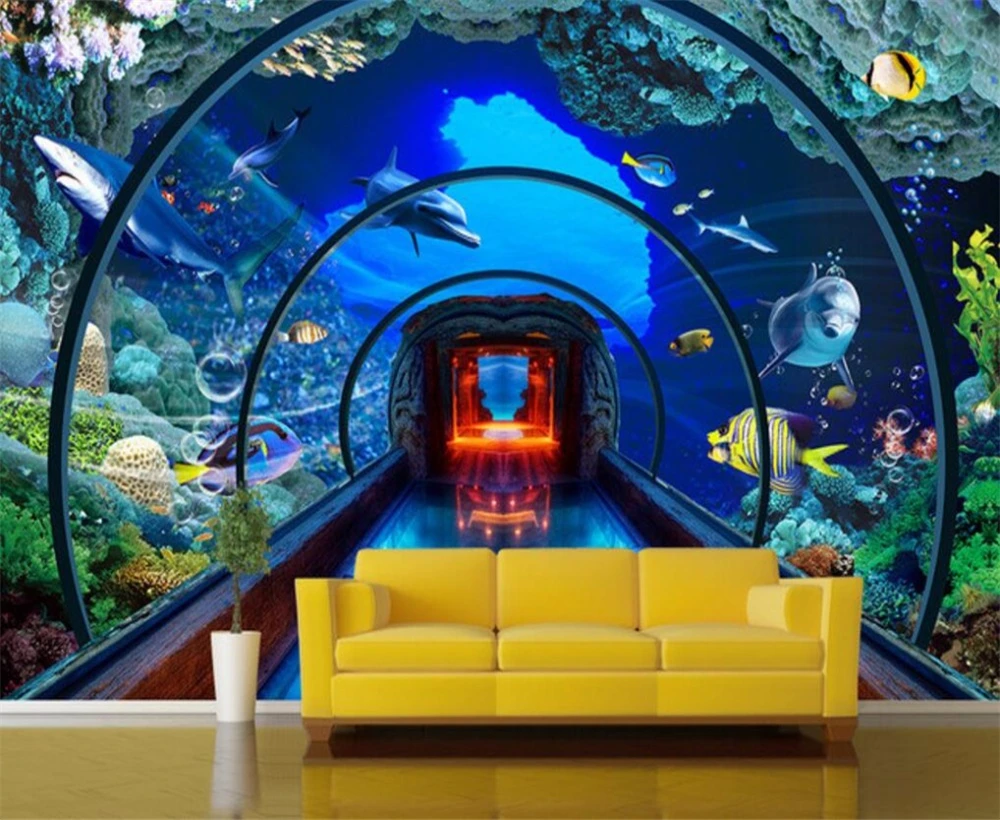 Большие настенные обои Beibehang Подводный мир аквариума 3D Стерео ТВ задний фон декоративная живопись для дома.