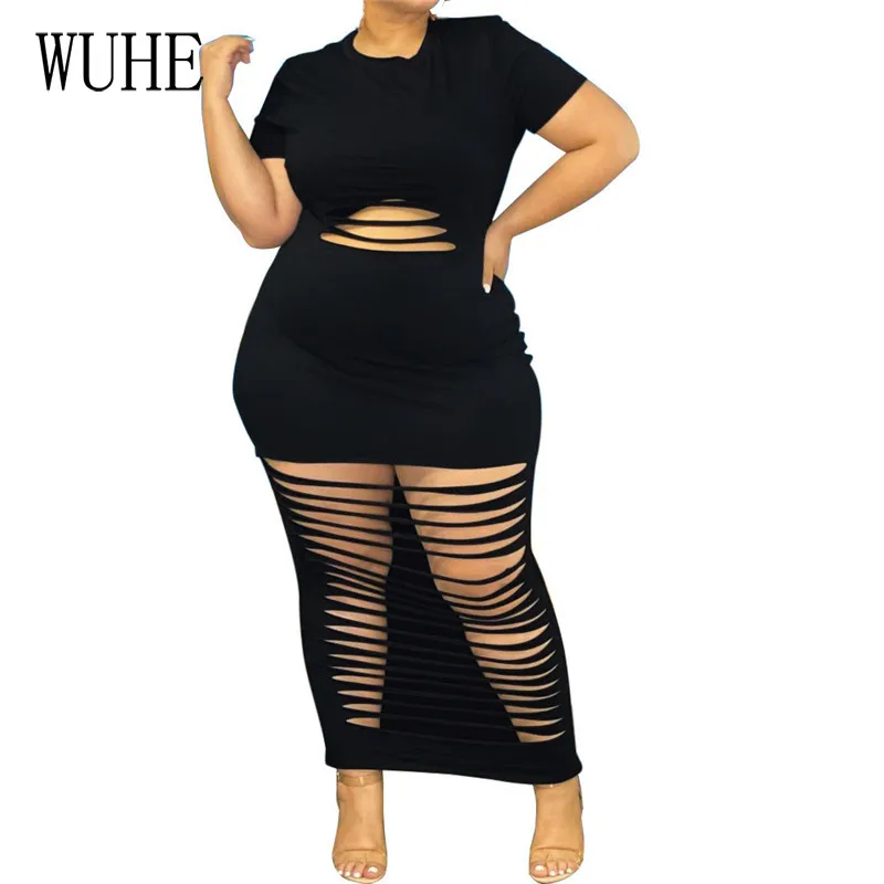 

WUHE Hollow Out Sexy Hole Bodycon O Neck Short Sleeve Skinny Package Hip Elegant Women Casual Nightclub Party Streetwear Dress