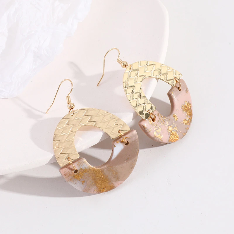 Полукруглые Лоскутные серьги ручной работы из полимерной глины золотого цвета с