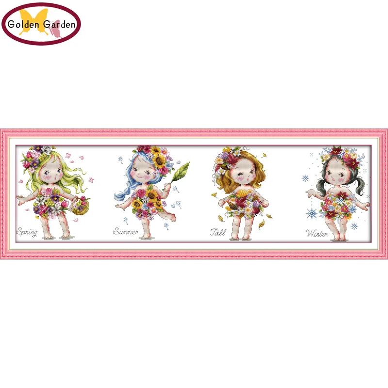 

GG Flower Girl Counted or Stamped Cross Stitch 11CT14CT DIY Kits Needlework Embroidery Cartoon JS Cross Stitch Sets for Kids