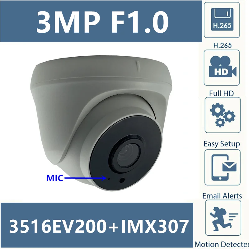 

F1.0 Lens Sony IMX307+3516EV200 IP Dome Camera H.265 3MP 2304*1296 Low illumination All Color CMS XMEYE ONVIF Motion Detection