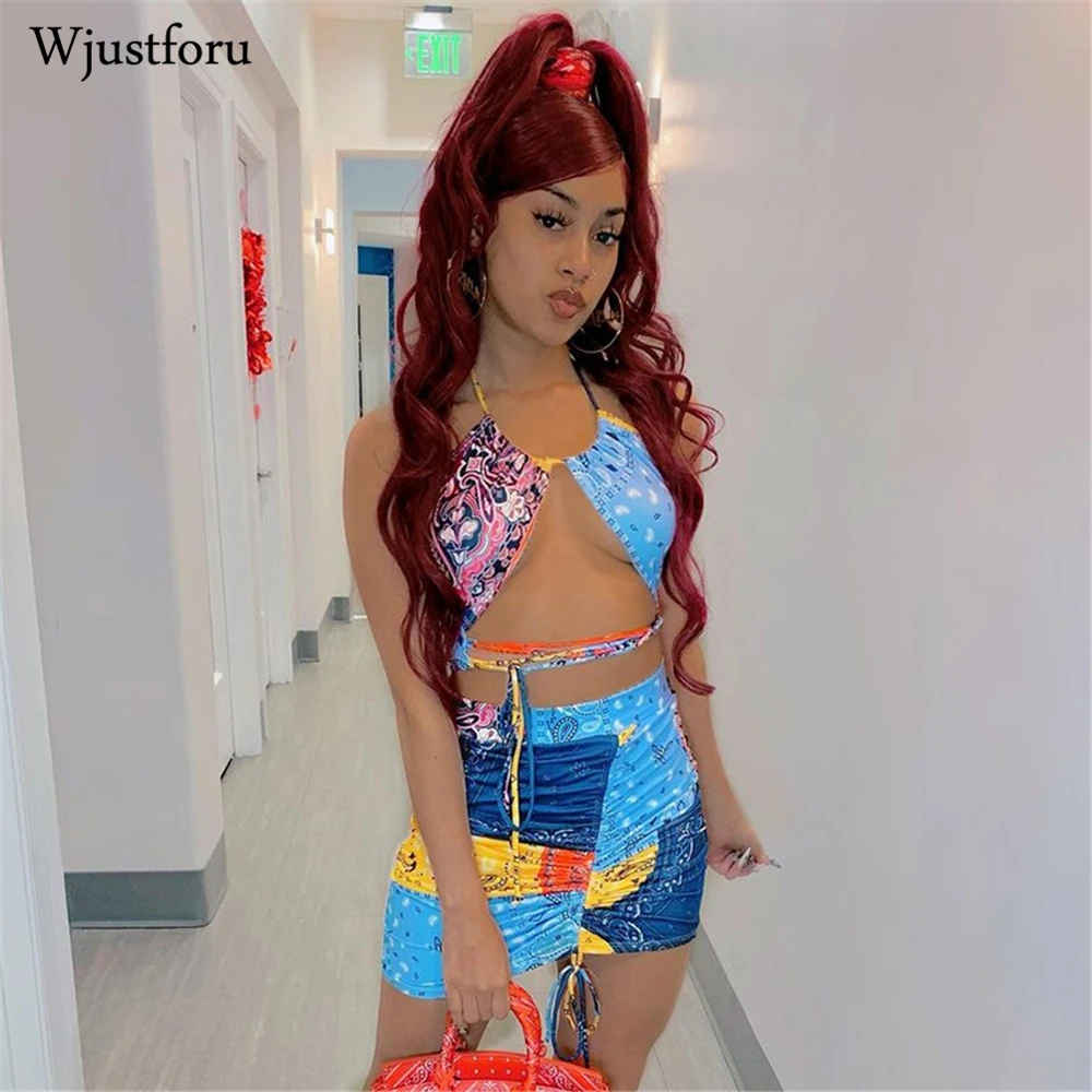 

Женский комплект из двух предметов Wjustforu, бандажный укороченный топ с открытой спиной и лямкой на шее, Сексуальная плиссированная мини-юбка,...