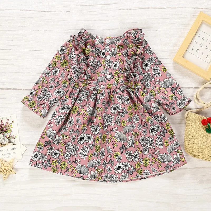 Осеннее Повседневное платье для маленьких девочек с цветочным узором и длинными