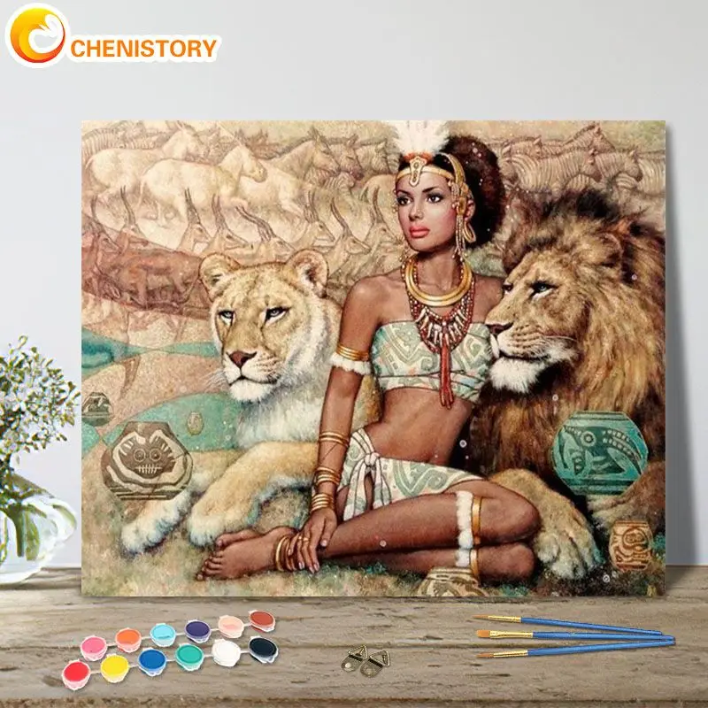 

CHENISTORY Diy Paint By Number Lion And Beauty Drawing On Canvas Handpainted Painting Animal Woman Diy Pictures By Number Home D