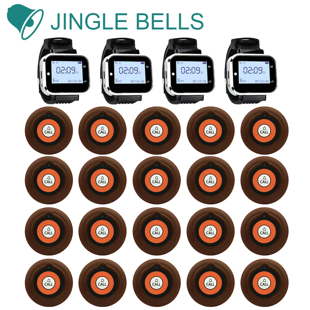Jinglebells Беспроводной Ресторан гость вызова Системы 20 Пуговицы 4 часы приемник для