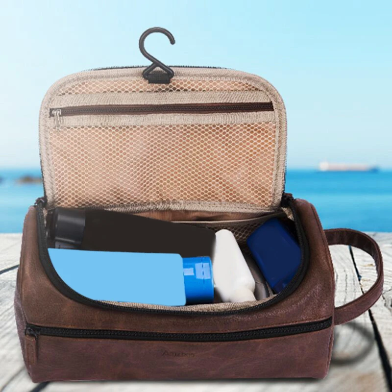 

2pcs Men's Women Vintage PU Leather Washing Storage Bag Large Travel Toiletry Organizer Case Portable Travel Storage Bag