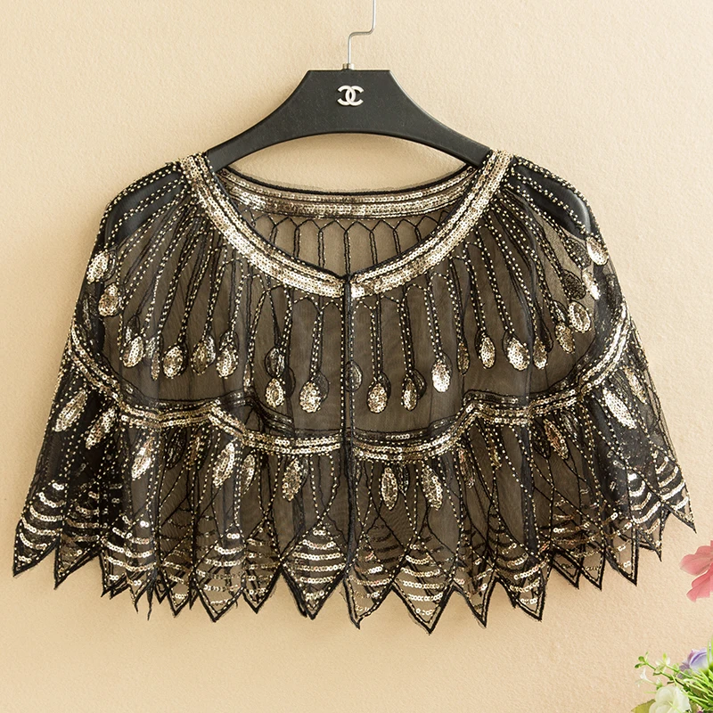 

Beaded Sequin Shawl Vintage Flapper Evening Cape Sheer Mesh Embroidery vertical bar Women Black Mesh & Sequin Flapper Capelet