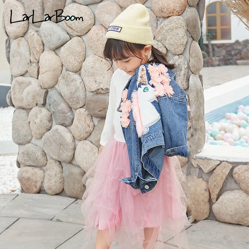 LarLarBoom Denim Jacket for Girls Coats 2019 New Autumn Unicorn Pattern Long Sleeve Baby Outerwear Jean Child | Детская одежда и