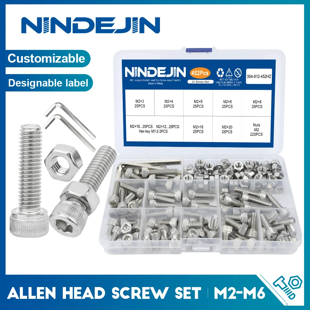 

NINDEJIN Hex Hexagon socket cap head screws set allen head screw kit m2 m2.5 m3 m4 m5 m6 stainless steel DIN912 bolt and nut kit