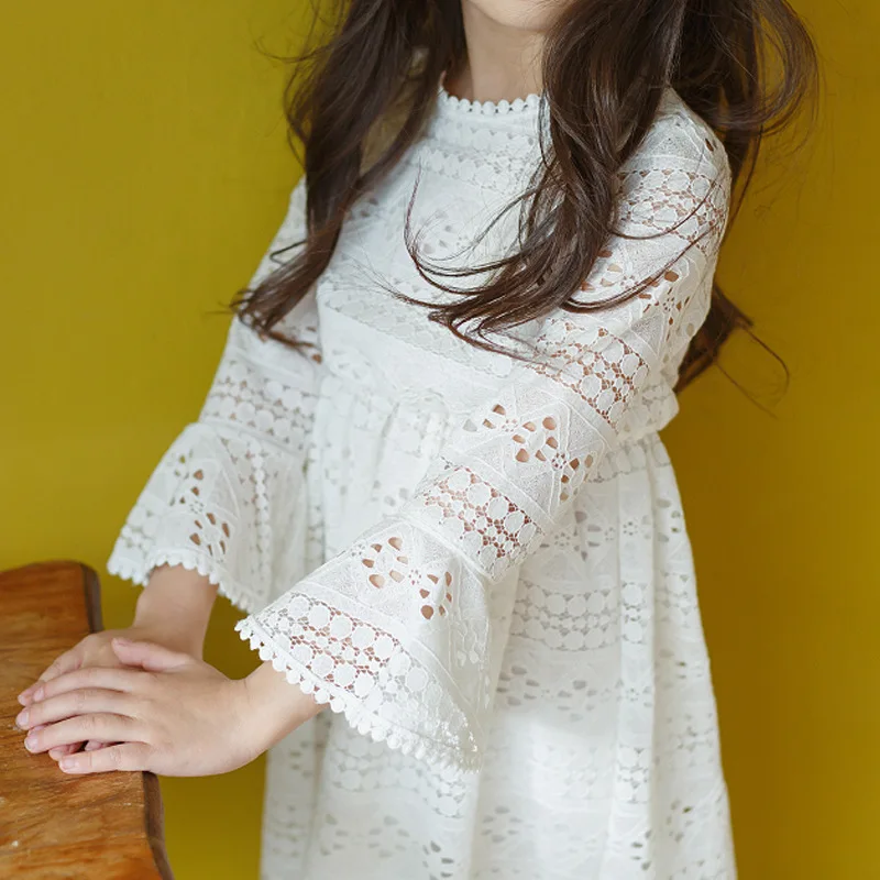 Осень 2018 кружевное платье для девочек детское принцессы белое хлопковое на