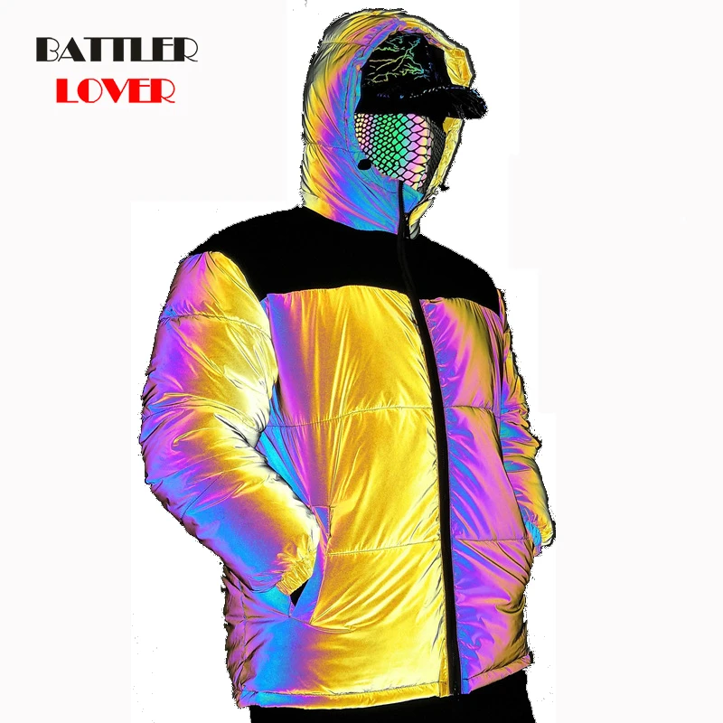 

Winter Rainbow Reflective Coats For Men 2021 Patchwork Yellow Thick Hooded Parkas Plus Size Loose Rap Snow Jackets Drop Shipping