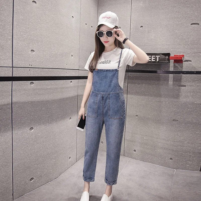 

Jumpsuits Women Chic Classic Denim Strap Jumpsuit Female Loose Womens Simple Ankle-Length Pockets High Quality Elegant All-match