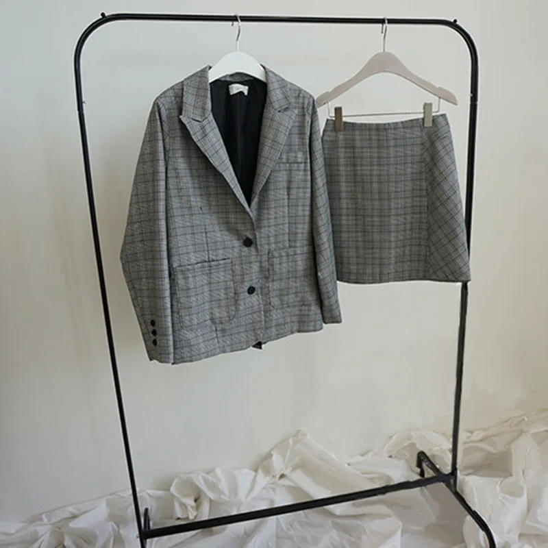 Винтажный осенний Женский комплект из двух предметов повседневный клетчатый